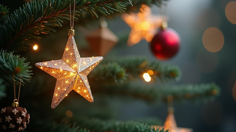 Close-up view of a shining Christmas star ornament hanging on a tree branch