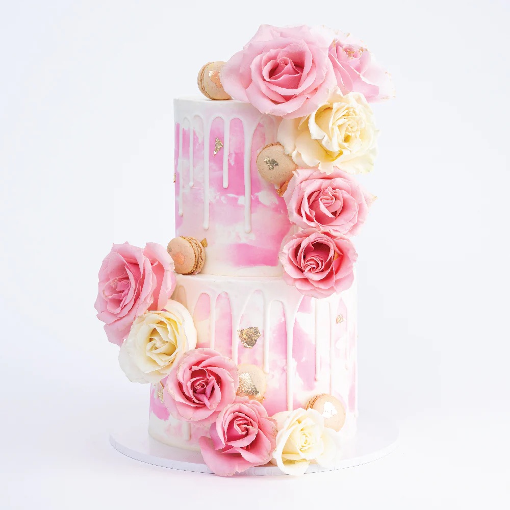 2 Tier Rose & Macaron Cascade Cak