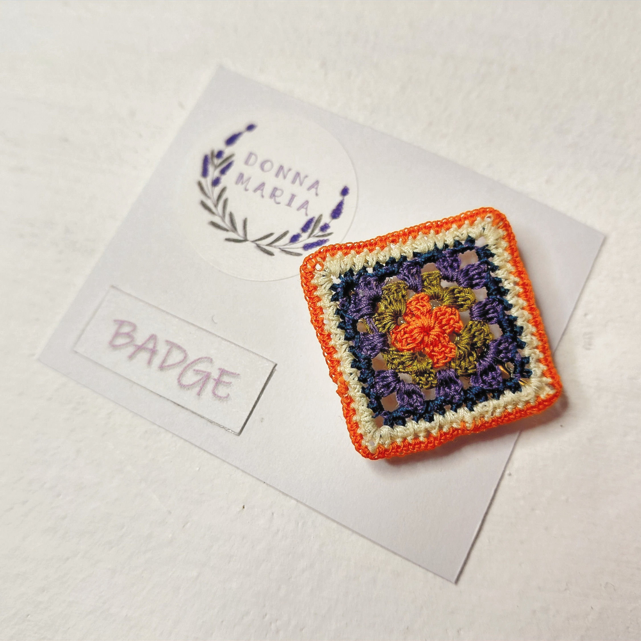 'AVRIL' - Micro Crochet Badge - Granny Square Purple and Orange
