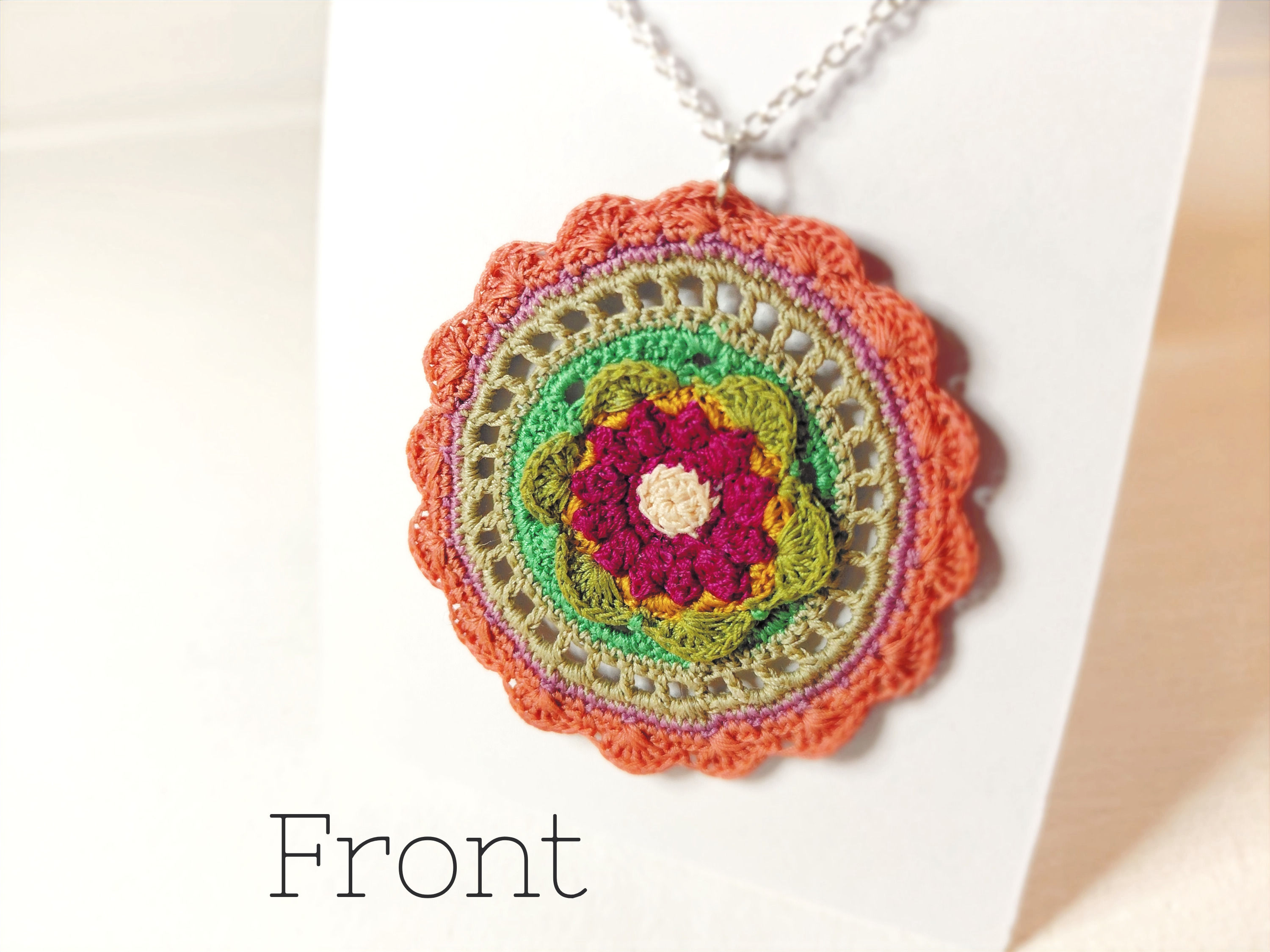 'FLORA' - Flower shaped Micro Crochet Pendant/Necklace, Handmade, Pink, Green