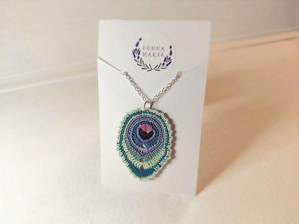 Thumbnail: 'MAYA' - Peacock shaped Micro Crochet Pendant/Necklace, Handmade, Purple, Green