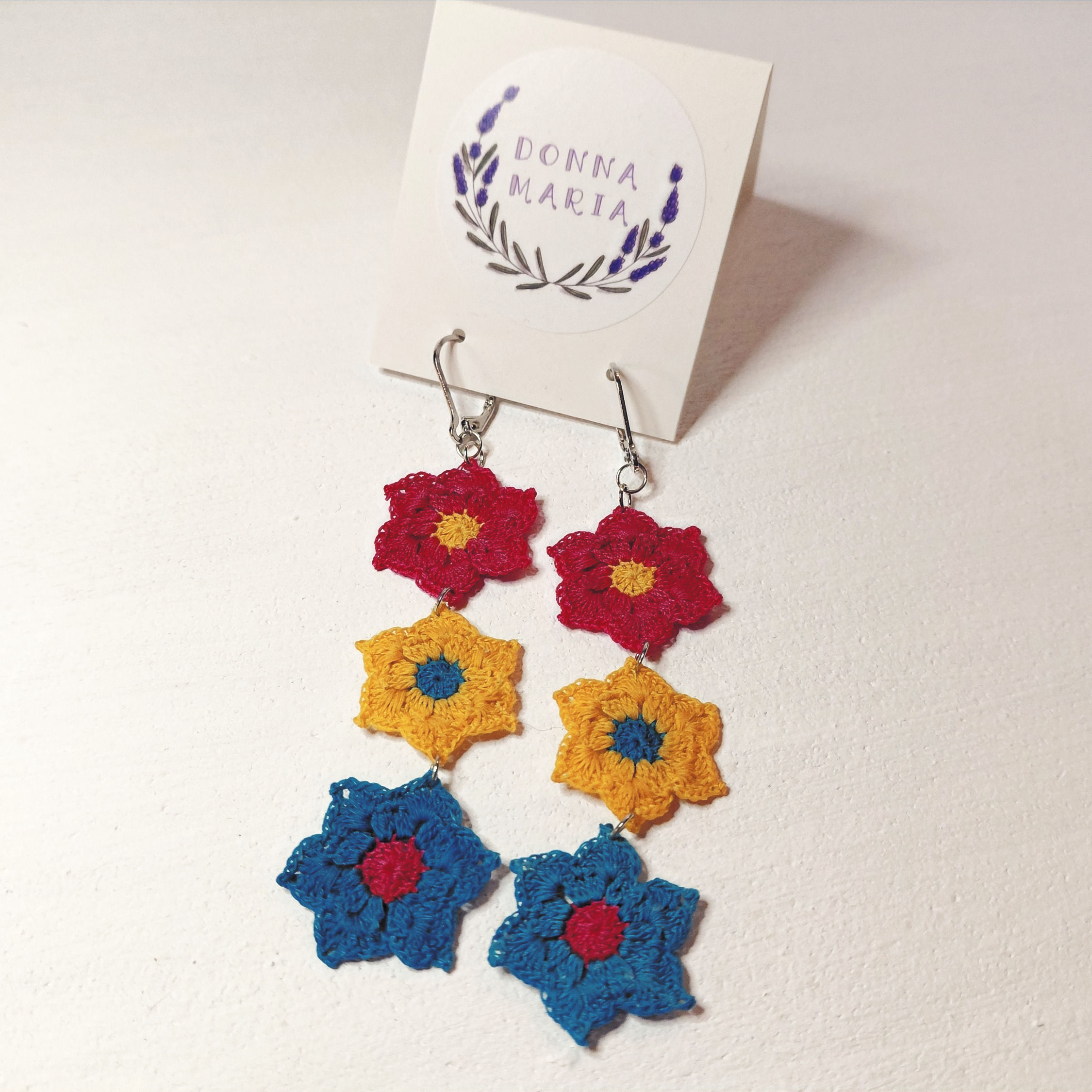 'APRIL' - Triple Drop Micro Crochet Earrings, Handmade, Pink, Blue, Yellow