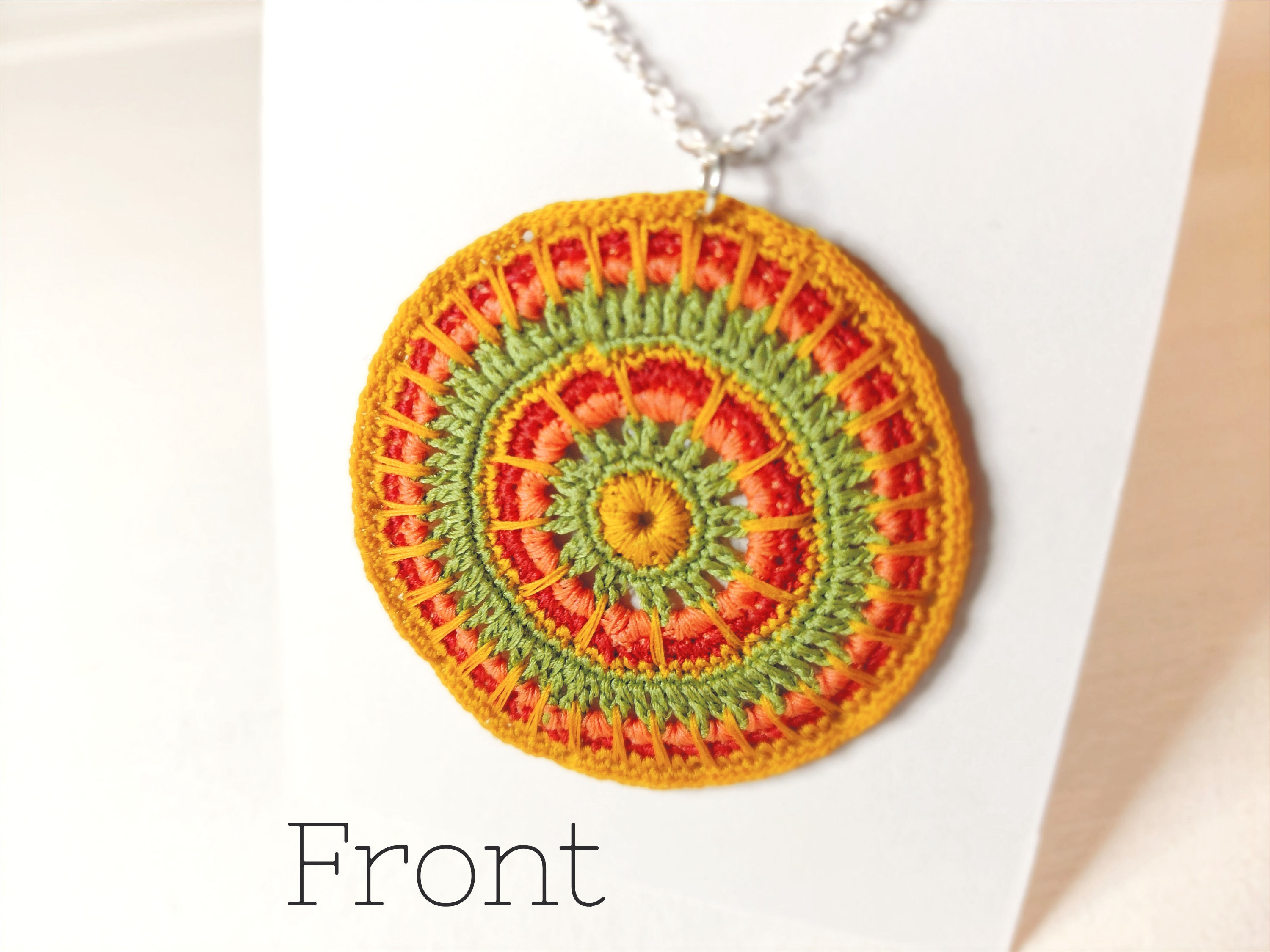 'GINGER'- Round shaped Micro Crochet Pendant/Necklace Handmade Green Gold Orange