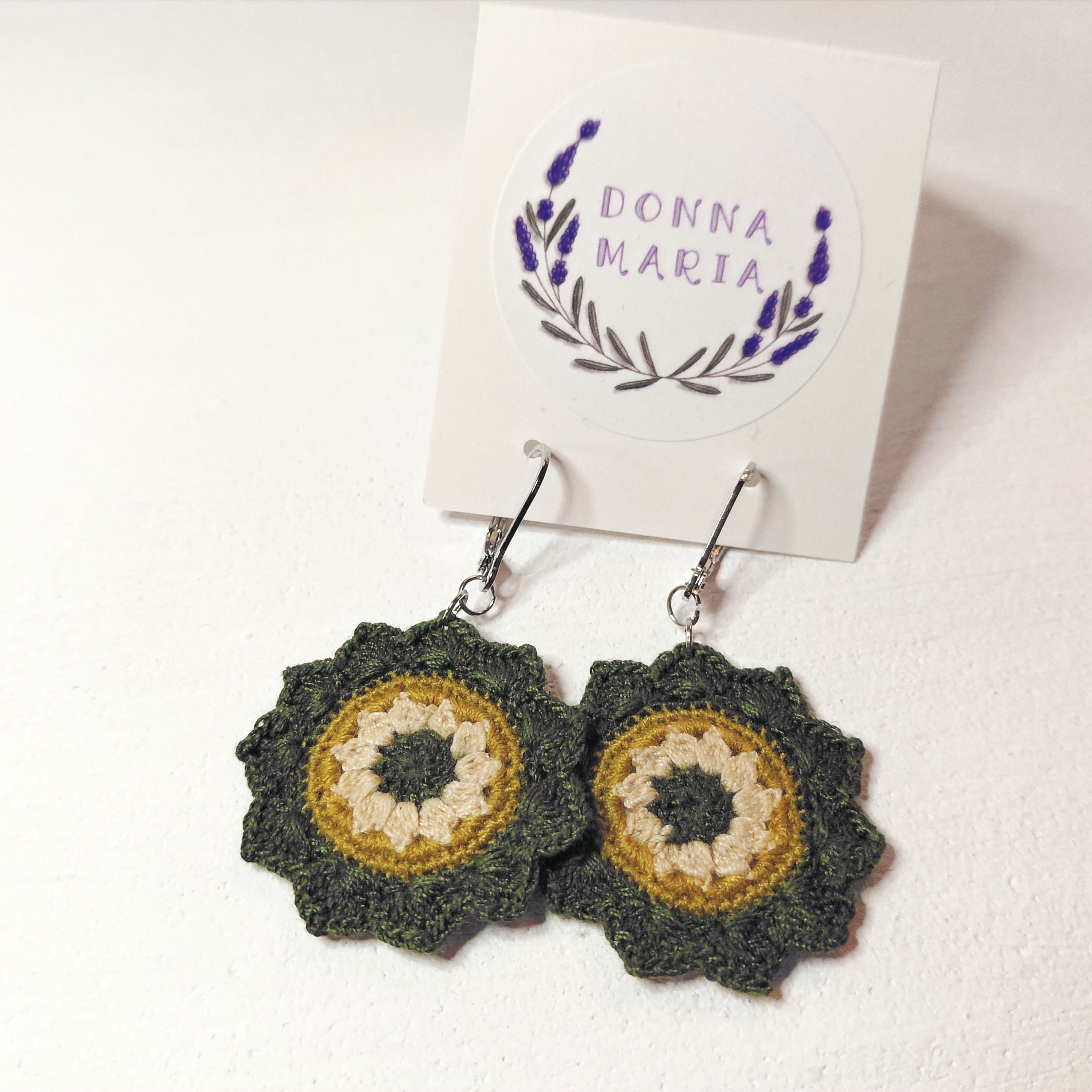 'EDEN' - Handmade Micro Crochet Flower Earrings - Forest and Pale Green, White