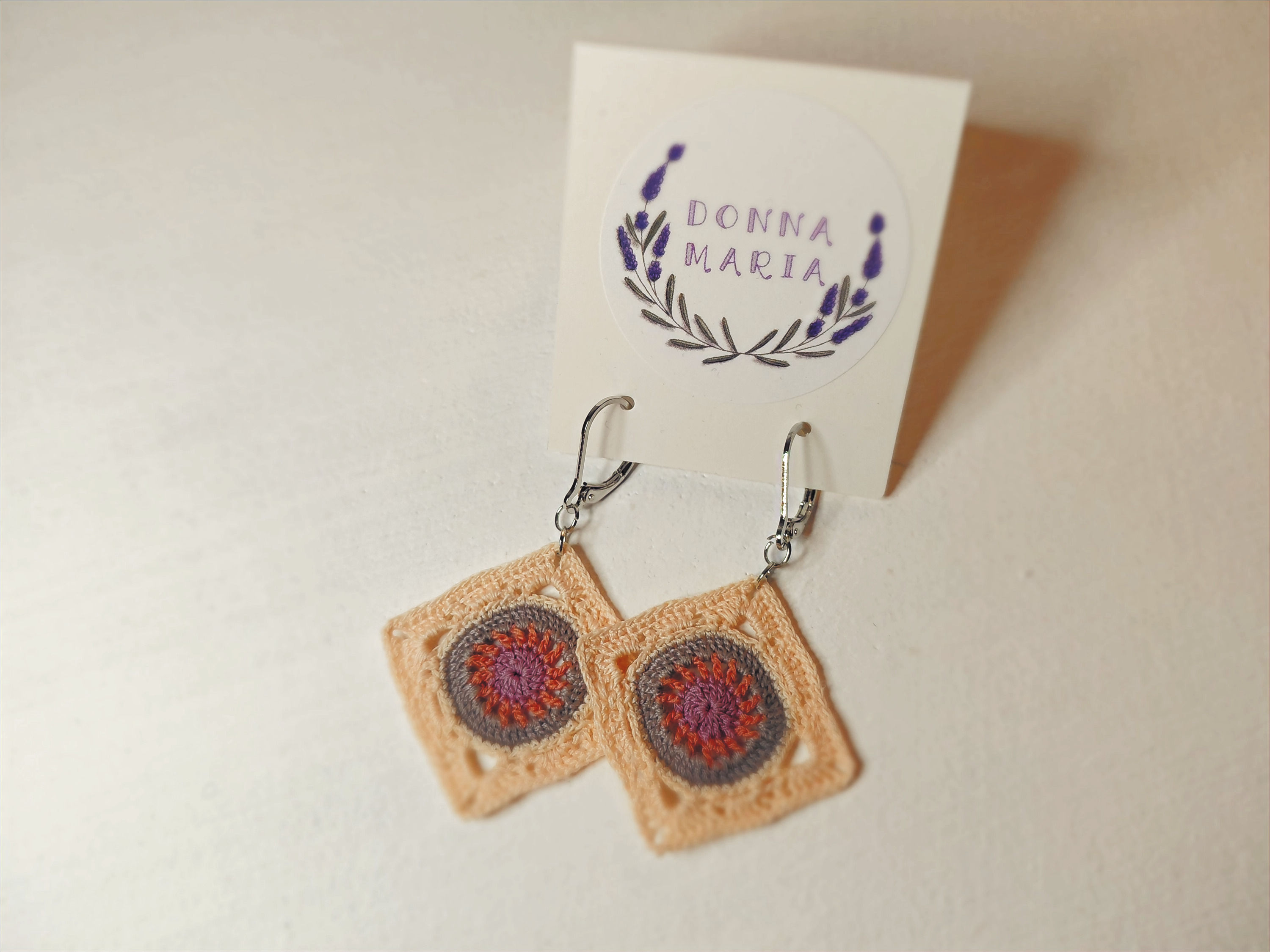 'ISABELLE' - Diamond/Square shaped Micro Crochet Earrings, Handmade, Pink, Grey