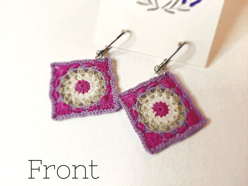 Thumbnail: 'JUDY' - Diamond/Squre Shaped Micro Crochet Earrings, Handmade, Pink, Green