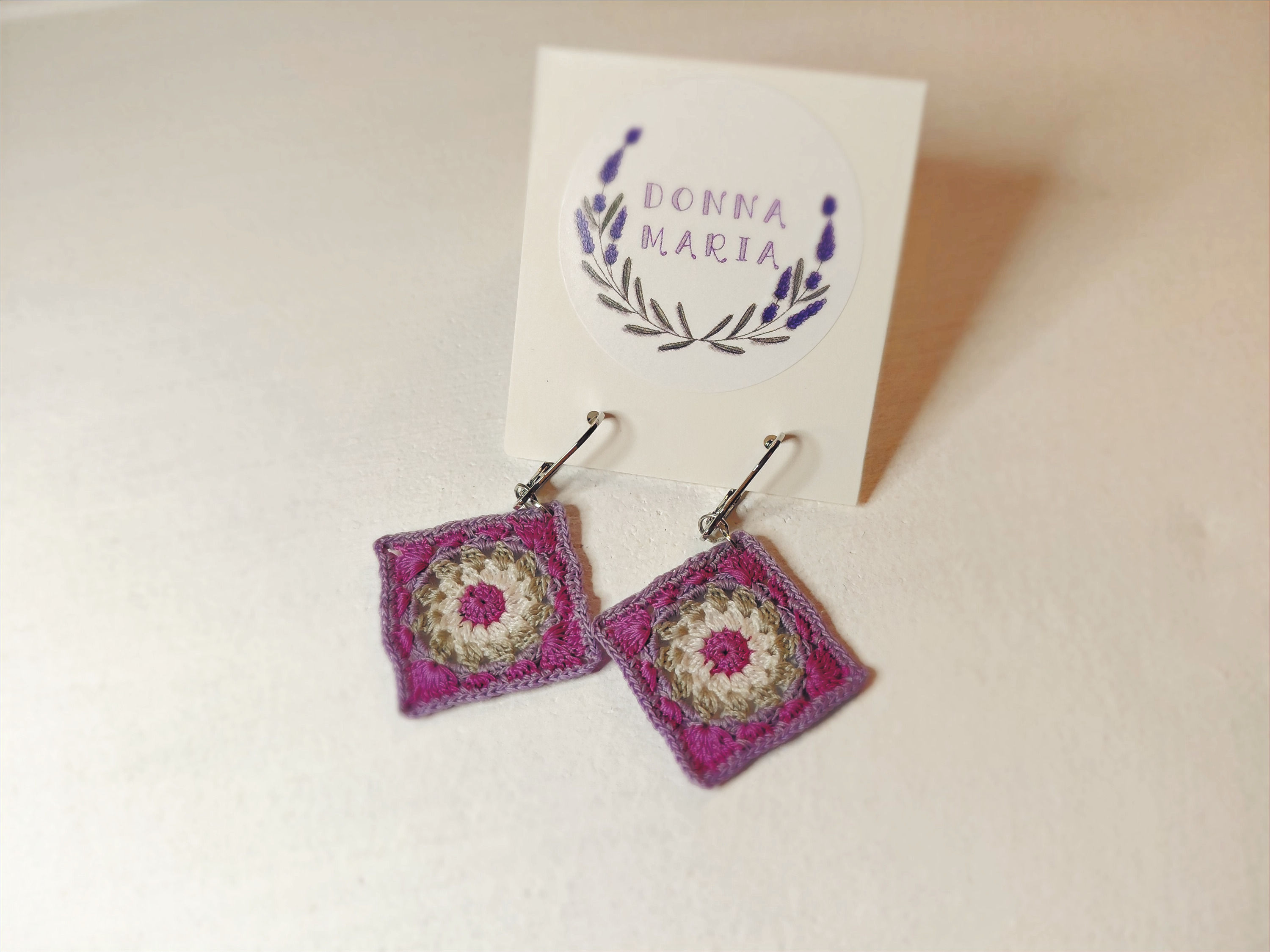 'JUDY' - Diamond/Squre Shaped Micro Crochet Earrings, Handmade, Pink, Green