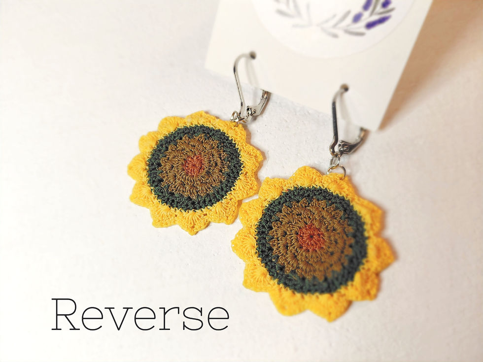 Thumbnail: 'SHIRLEY' - Sunflower Shaped Micro Crochet Earrings, Handmade, Green, Yellow