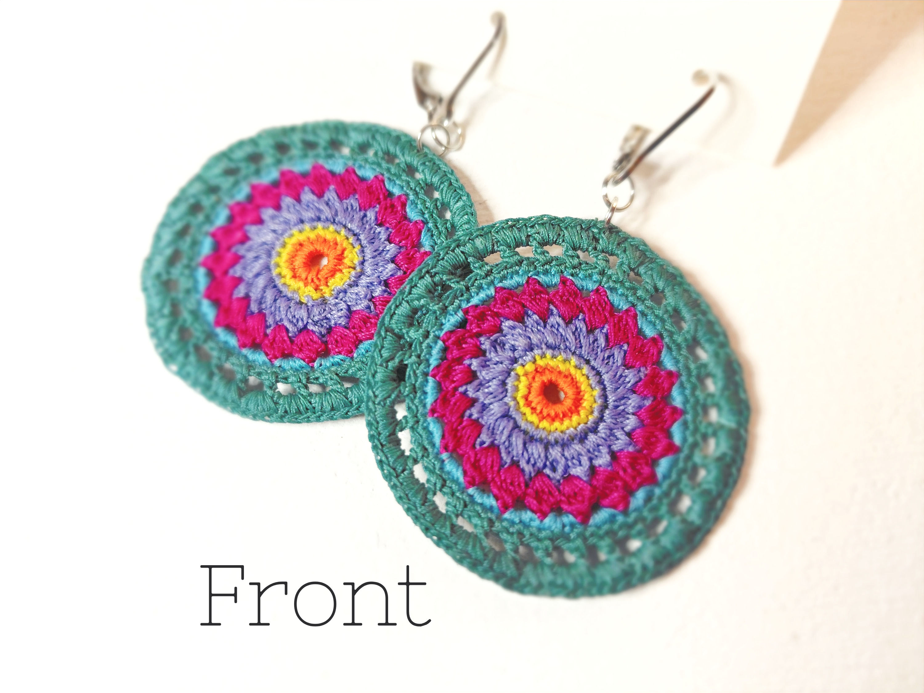 'JULIE' - Round shaped Micro Crochet Earrings, Handmade, Pink, Blue, Turquoise