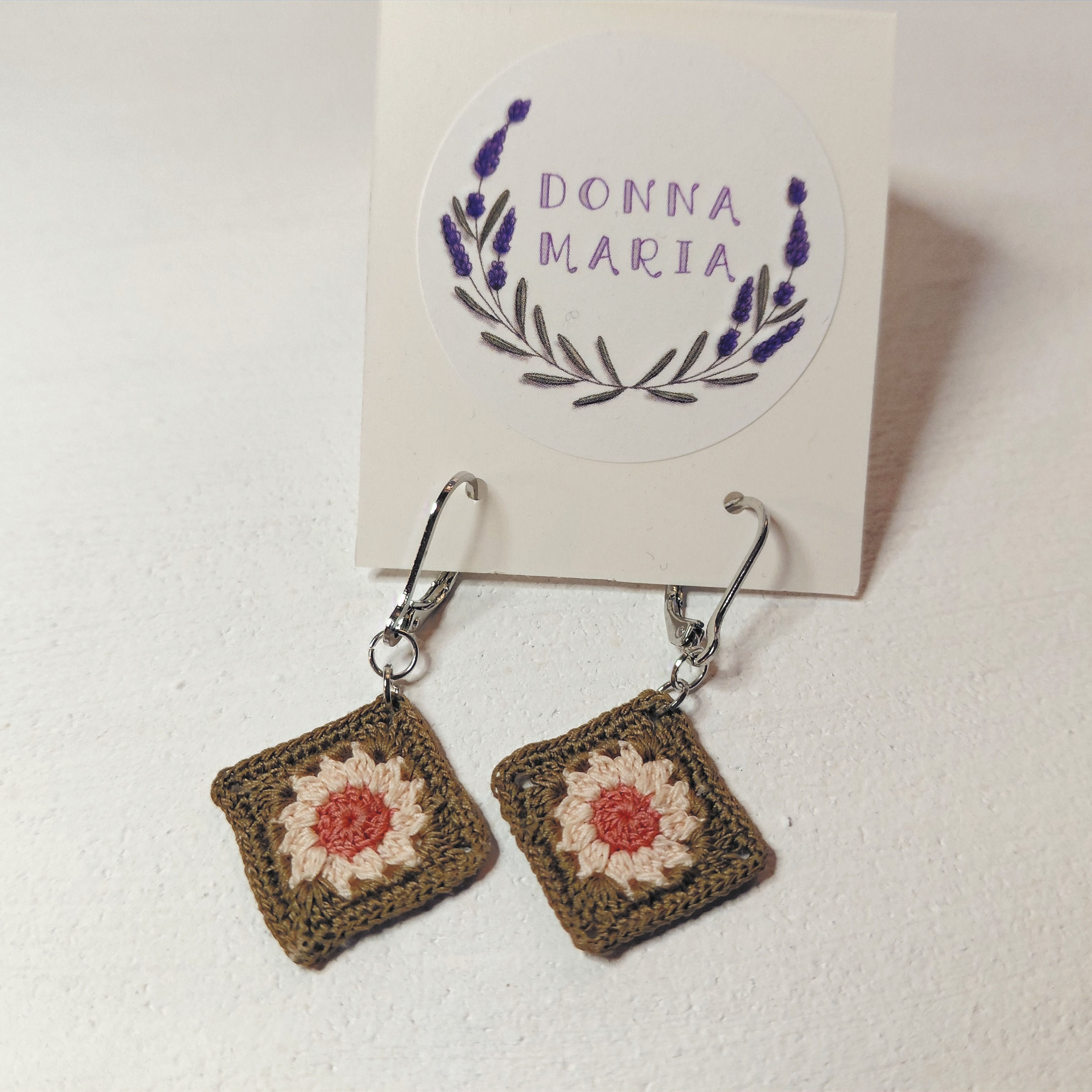 'BETTY' - Handmade Micro Crochet Granny Square Earrings - Brown, Pink