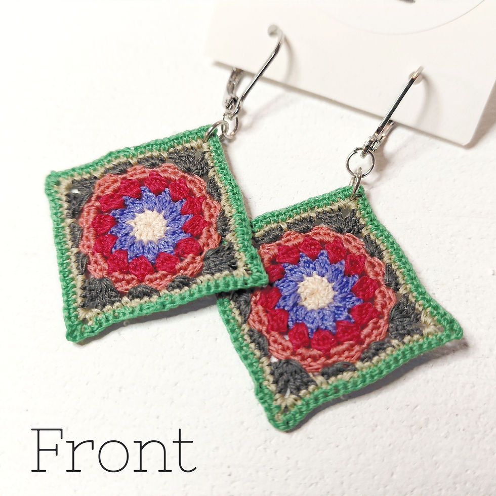 Thumbnail: 'ELENA' - Handmade Micro Crochet Granny Square Earrings - Green, Pink, Purple