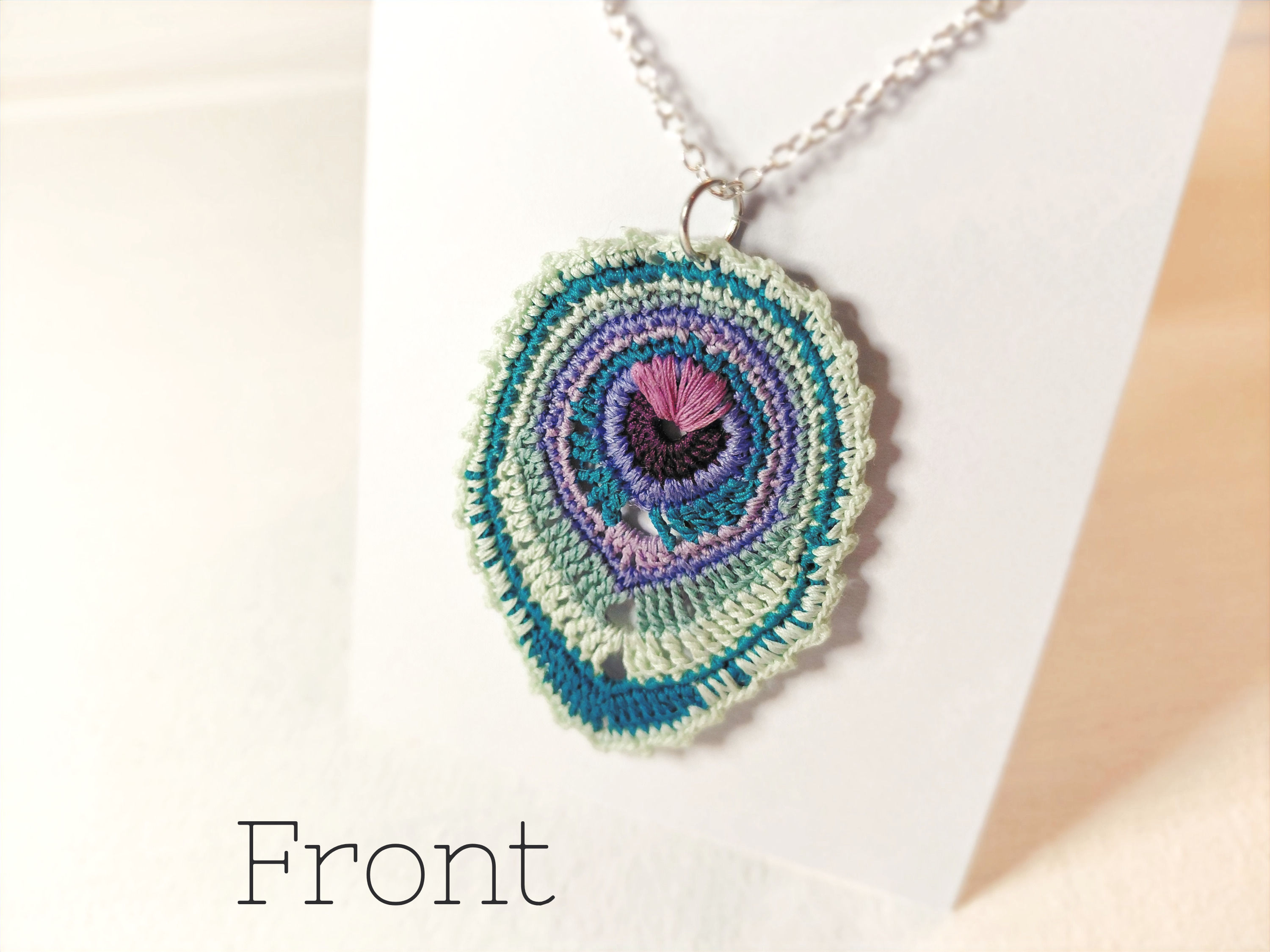 'MAYA' - Peacock shaped Micro Crochet Pendant/Necklace, Handmade, Purple, Green