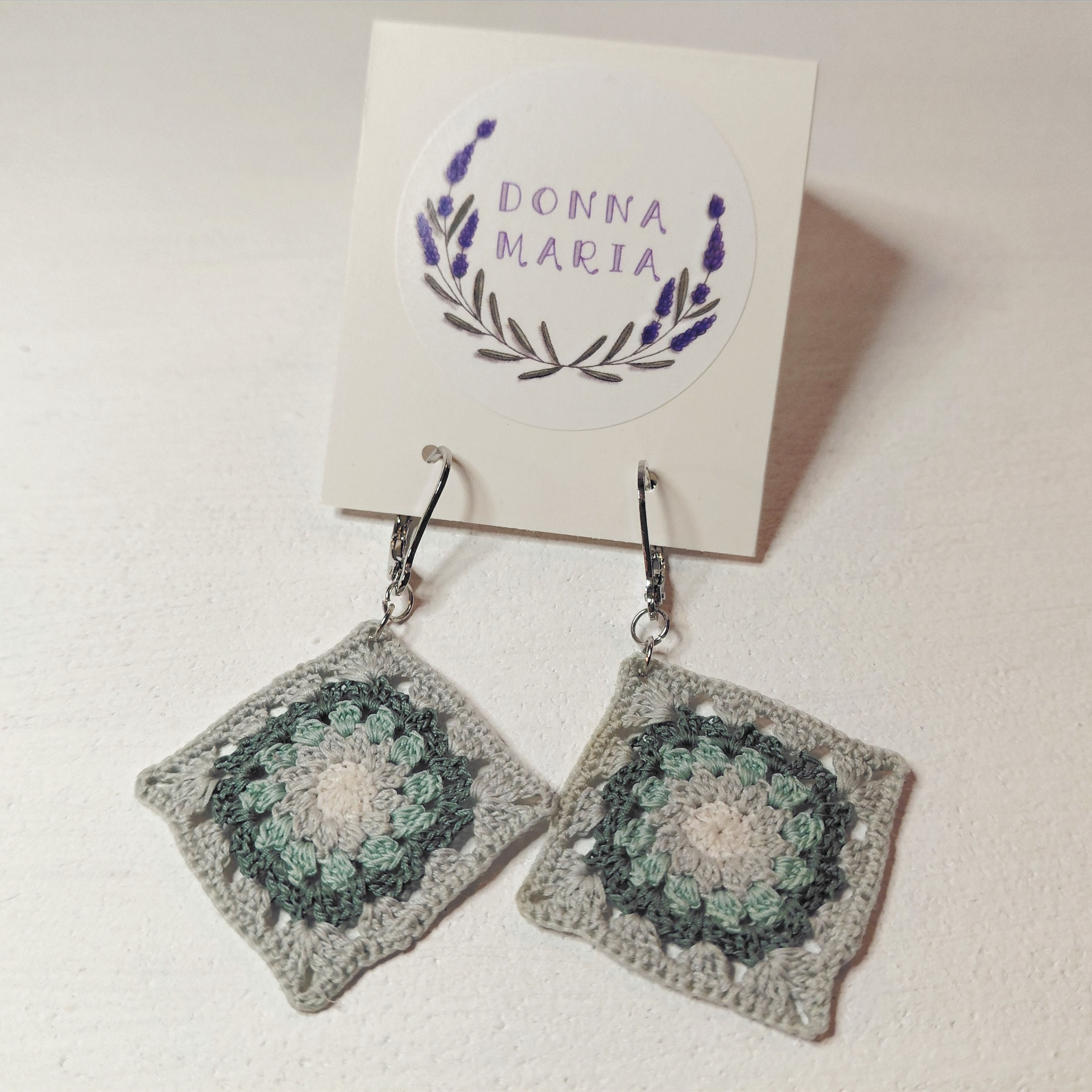 'PHYLLIS' - Handmade Micro Crochet Granny Square Earrings - Mint Blue,Blue,White