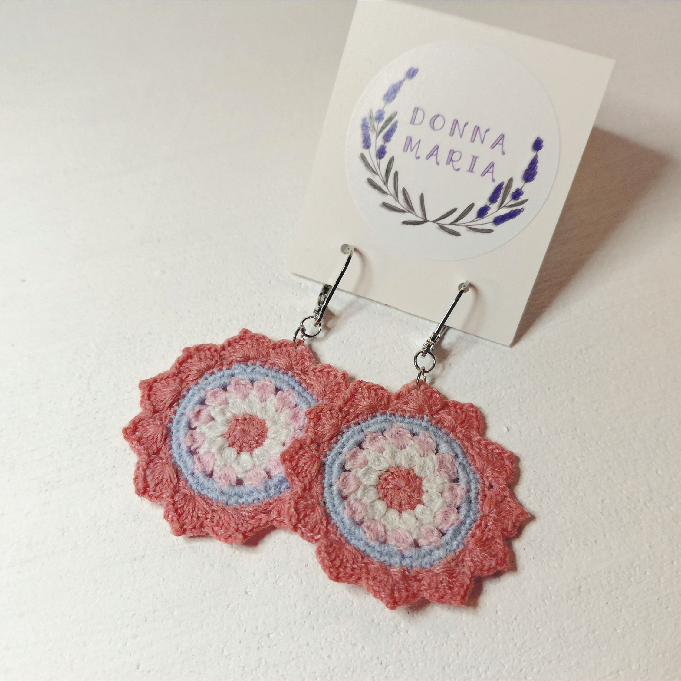 'PENNY' - Handmade Micro Crochet Earrings, Pink, Blue, White
