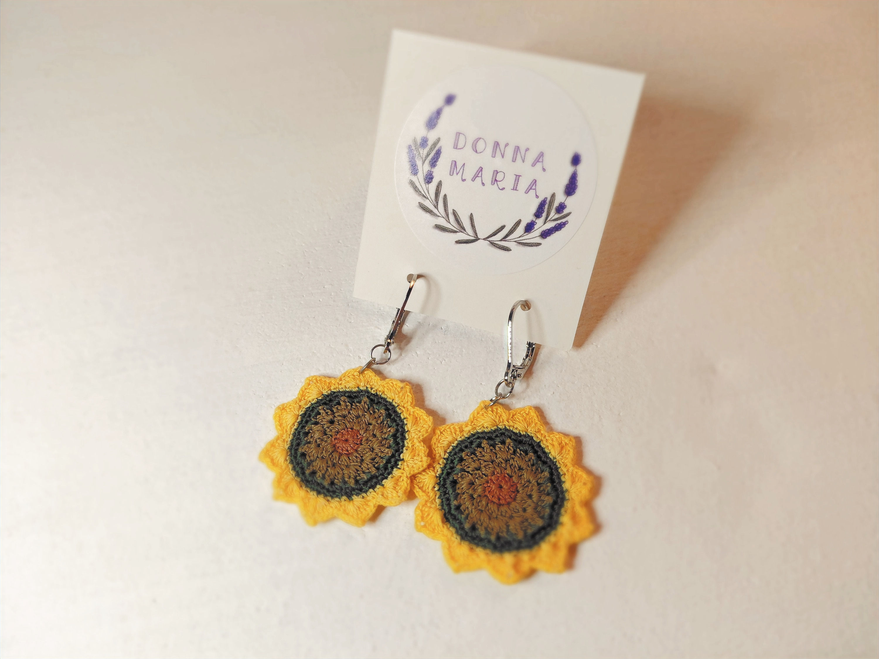 'SHIRLEY' - Sunflower Shaped Micro Crochet Earrings, Handmade, Green, Yellow