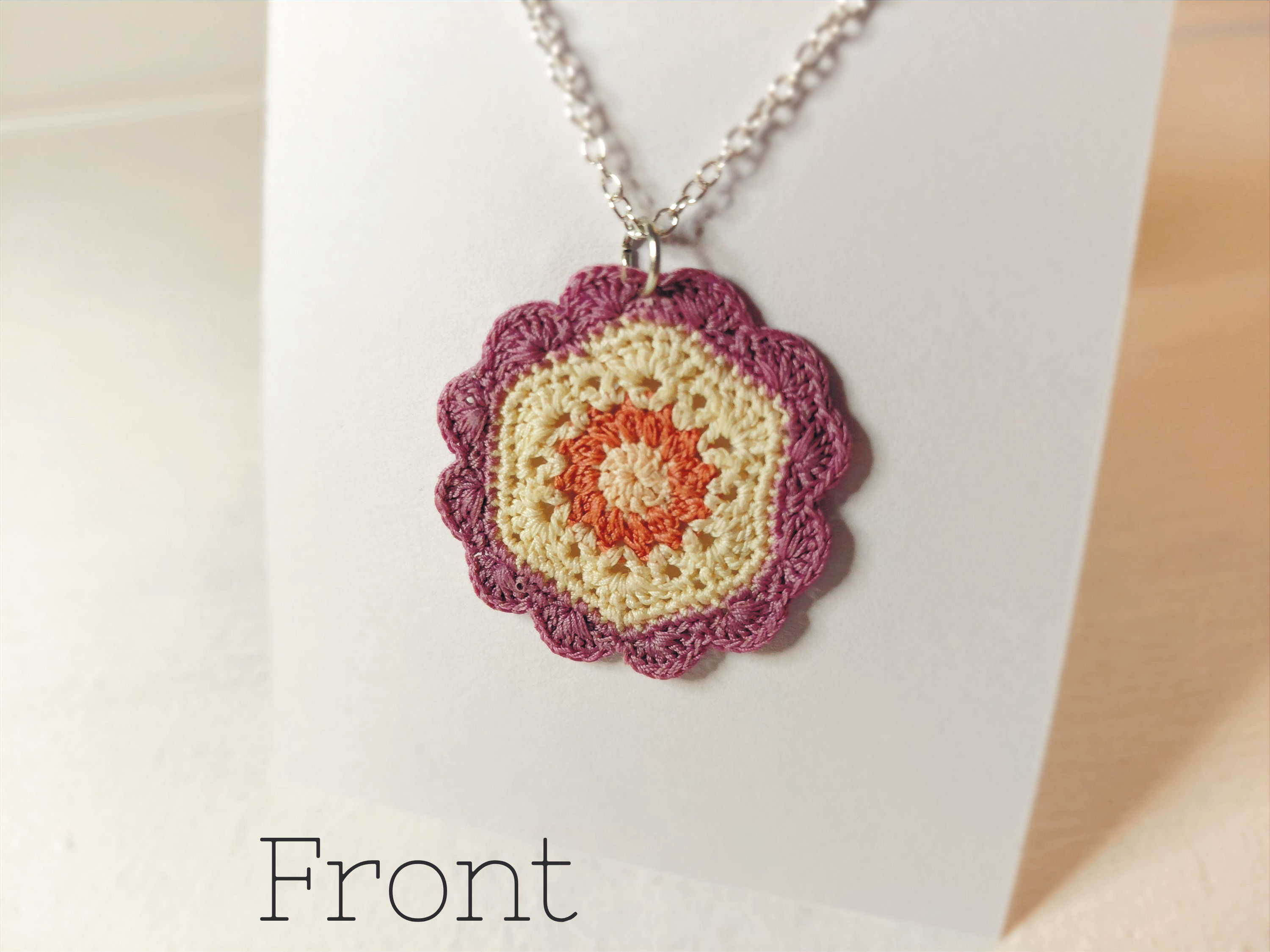 'LUCY' - Hexagon shaped Micro Crochet Pendant/Necklace, Handmade, Pink, Cream