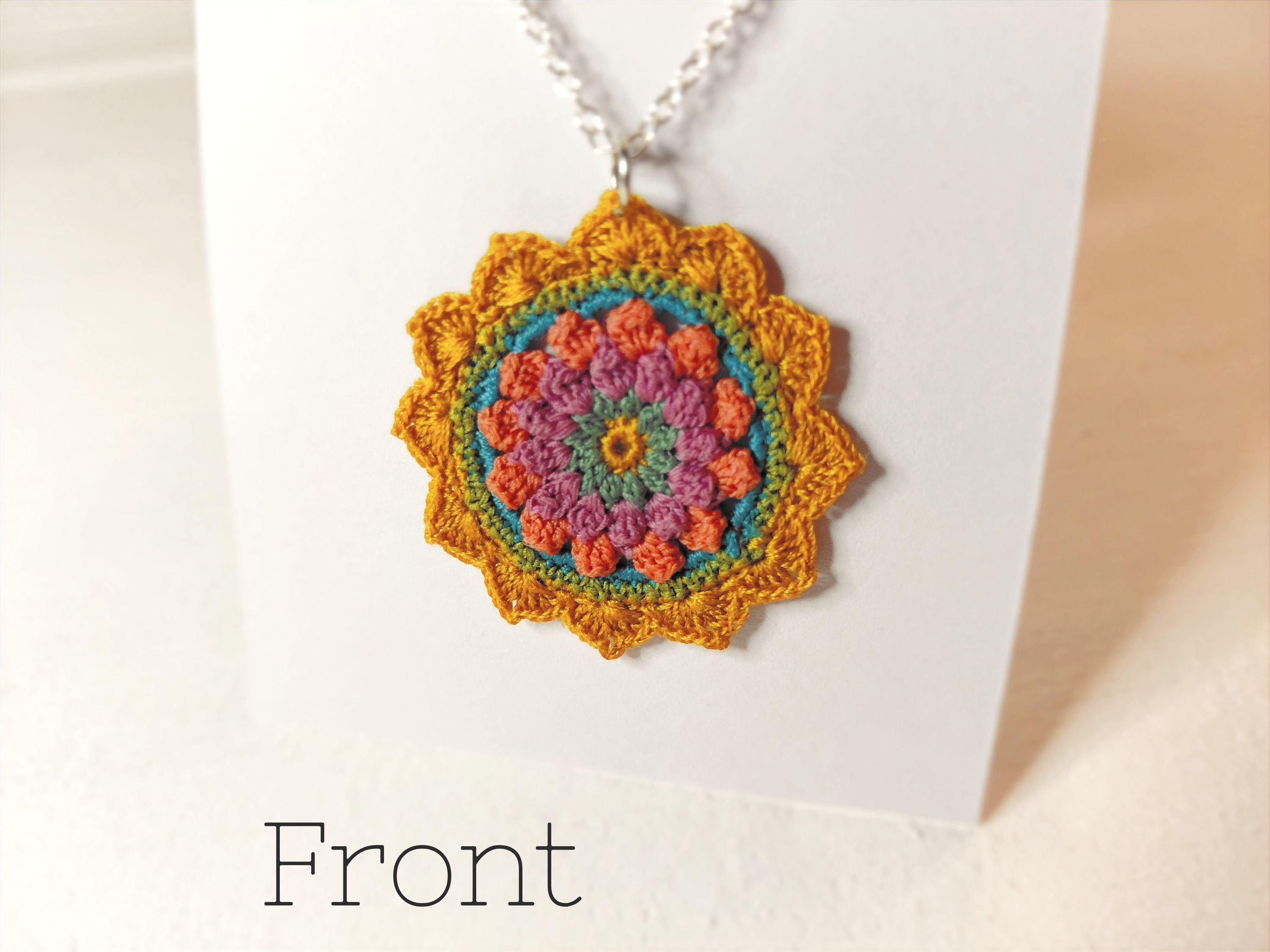 'GYPSY' - Flower shaped Micro Crochet Pendant/Necklace, Handmade Gold Blue Pink