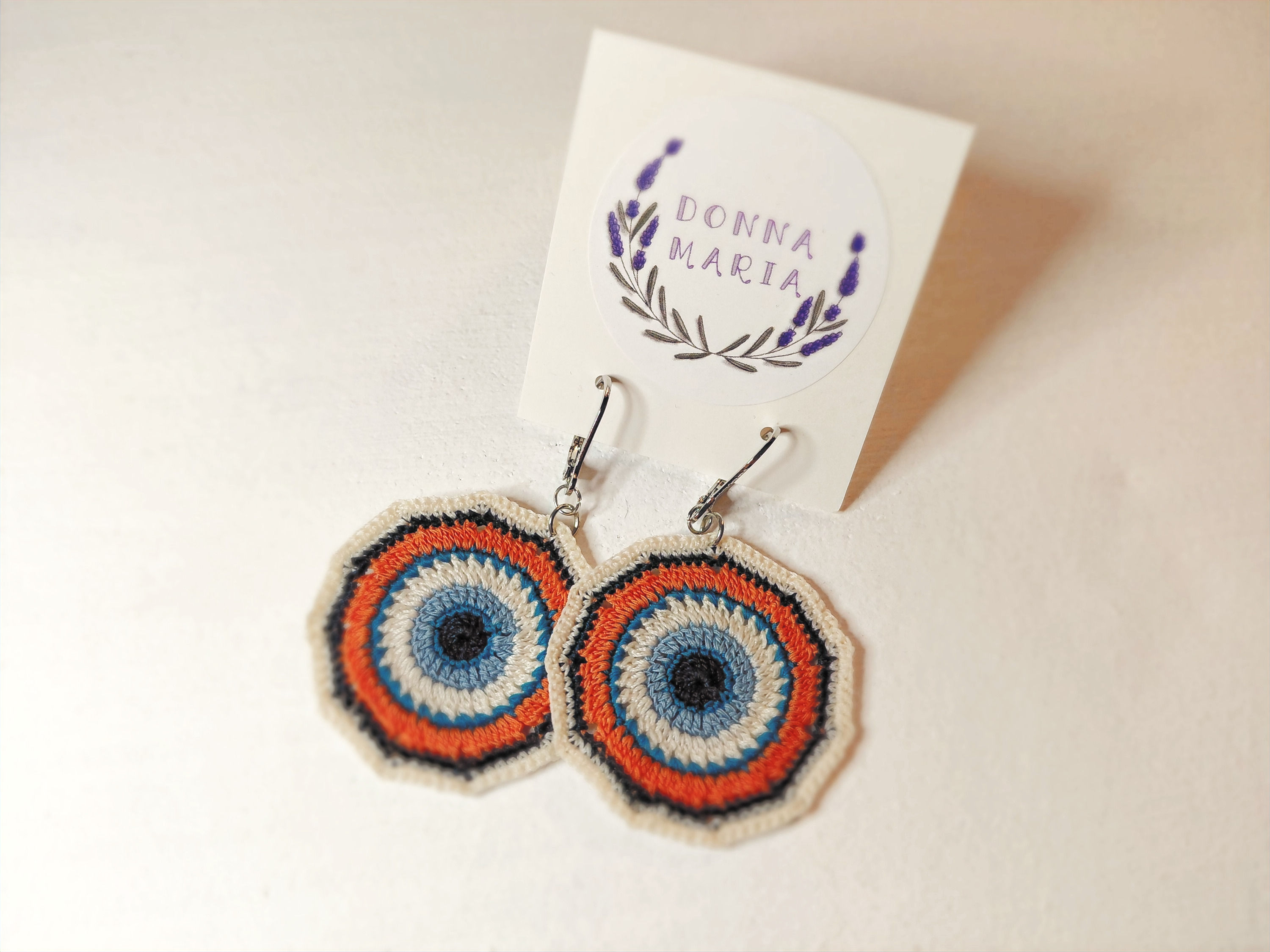 'PHOEBE' - Hendecagon shaped Micro Crochet Earrings, Handmade, Cream Orange Blue
