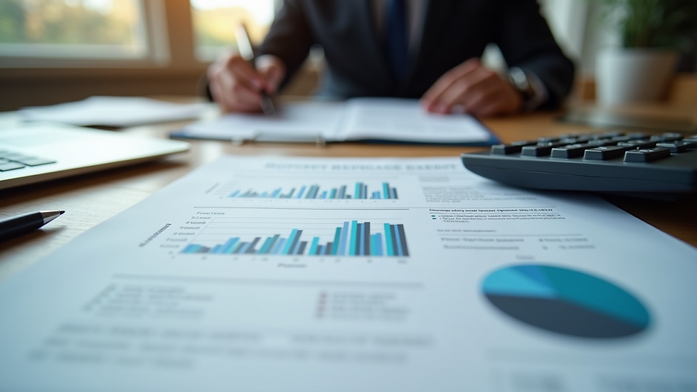 Eye-level view of a desk with financial documents and calculator