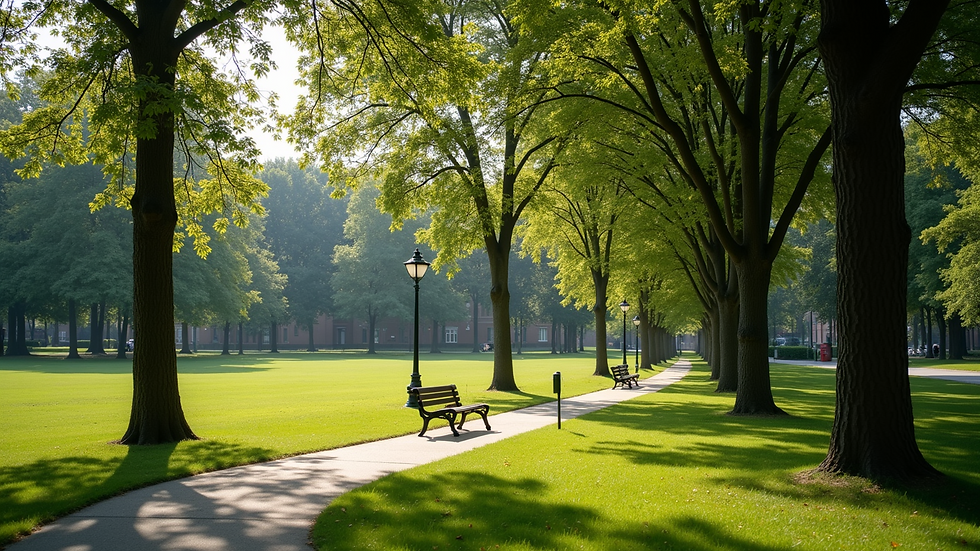 High angle view of a serene community park with benches and trees