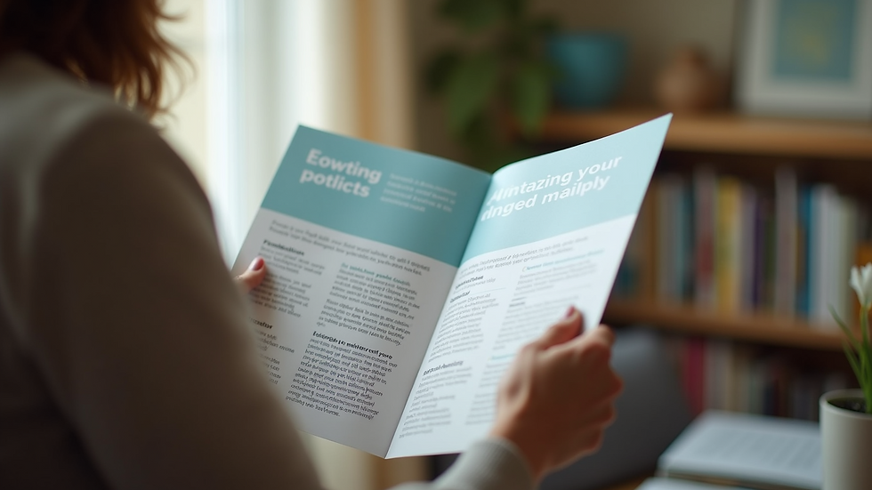 High angle view of a person comparing aged care brochures