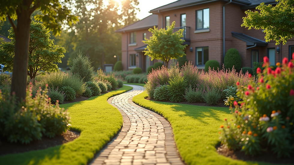 High angle view of a retirement community garden with walking paths