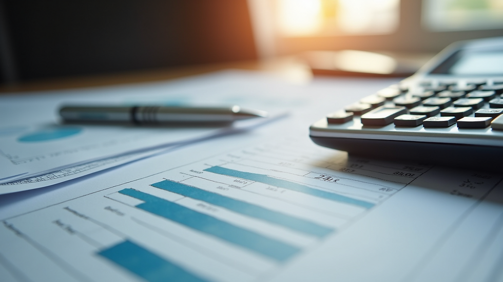 Close-up view of a calculator and financial documents on a desk