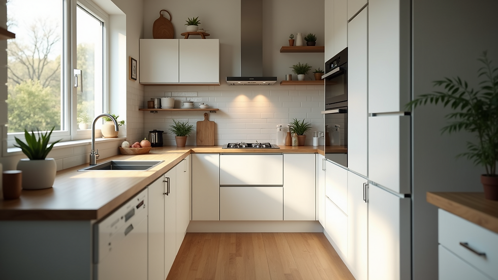High angle view of a small modern kitchen with energy-efficient appliances