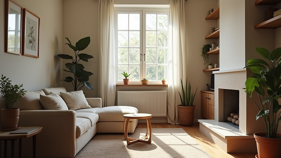 Eye-level view of a cozy small living room with natural light
