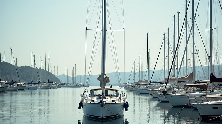 Eye-level view of a well-maintained sailboat docked at a marina