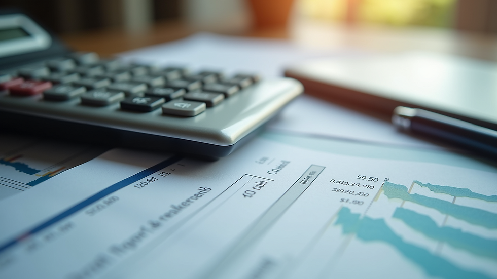 Close-up view of a calculator and financial documents on a desk