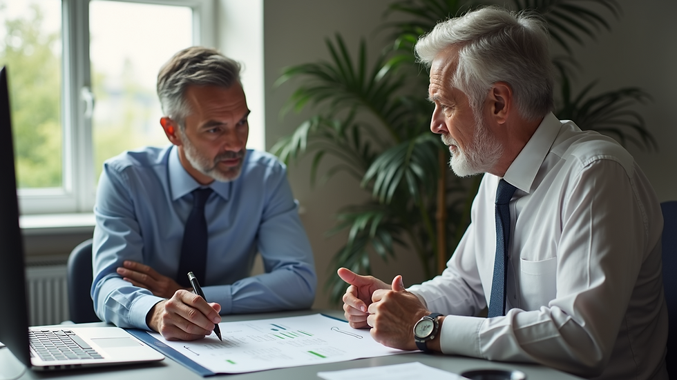 Eye-level view of a financial advisor explaining documents to a senior client