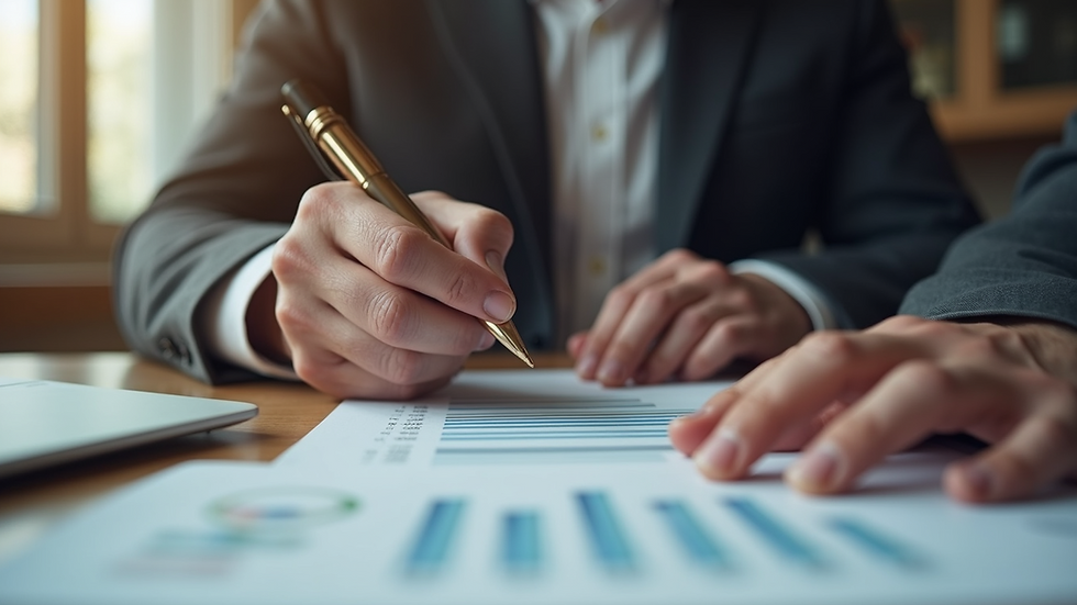 Eye-level view of a financial adviser explaining documents to a senior client
