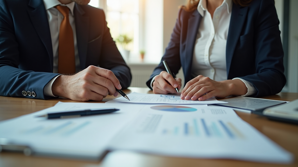 Close-up view of a financial advisor discussing documents with a client