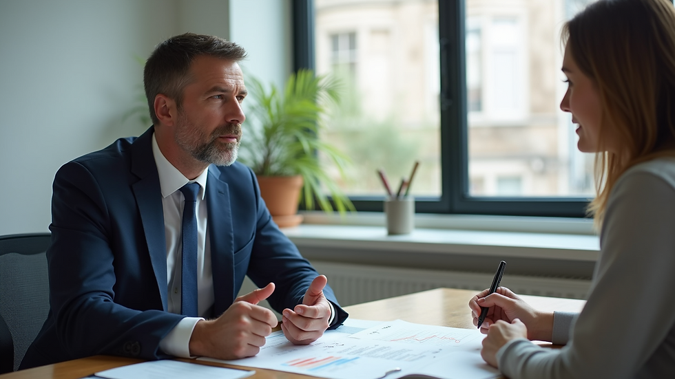 Eye-level view of a financial advisor explaining retirement plans to a client