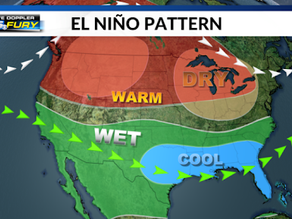 A weather map depicting how the El Niño pattern typically affects North America.