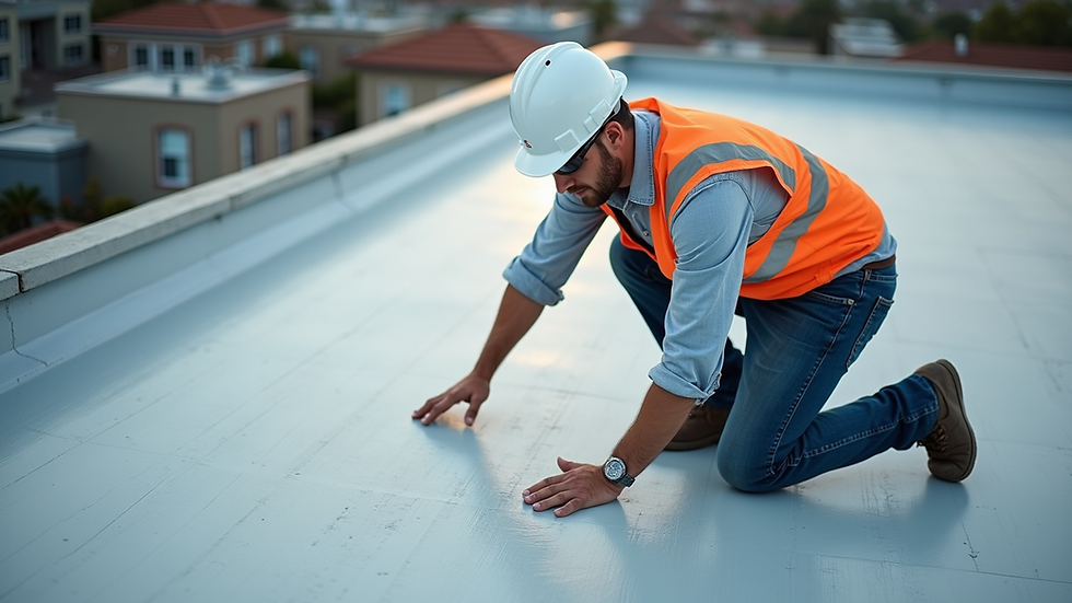High angle view of roofing contractor inspecting EPDM flat roof