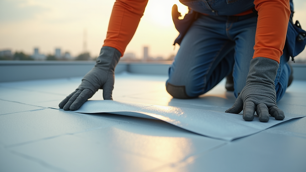Close-up view of roofing contractor applying membrane on flat roof