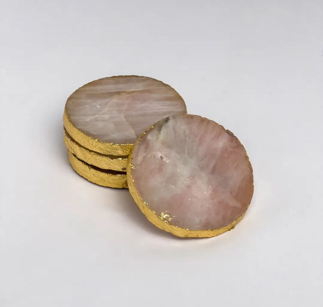 S/4 dessous de verre quartz rose/doré 