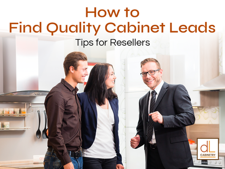 Smiling reseller meeting customers in showroom discussing quality cabinet leads