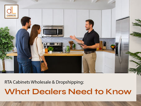 Couple tours a modern white kitchen as a rep gestures; DL Cabinetry logo and text: What Dealers Need to Know.