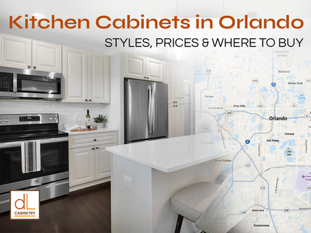 White kitchen ad with stainless appliances and Orlando map, titled Kitchen Cabinets in Orlando and Styles, Prices & Where to Buy