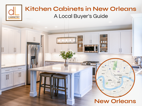 White kitchen ad with island, stools and map inset; text reads Kitchen Cabinets in New Orleans, A Local Buyer's Guide.