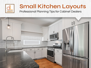 Small kitchen layouts with white cabinets, compact design, and efficient workflow for cabinet dealers