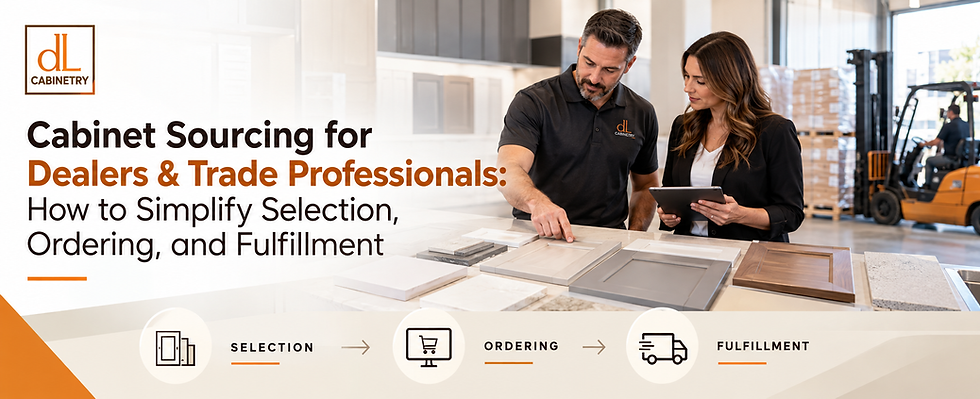 Two cabinet pros review samples on a table in a warehouse; banner text reads Cabinet Sourcing for Dealers & Trade Professionals.