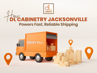DL Cabinetry Jacksonville delivery service image showing fast, reliable cabinet shipping with branded truck and packages.