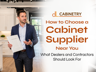 Cabinet supplier near you representative holding a white shaker cabinet door in a showroom while explaining cabinet styles and wholesale solutions