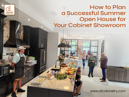 Cabinet showroom summer open house event with guests and kitchen displays
