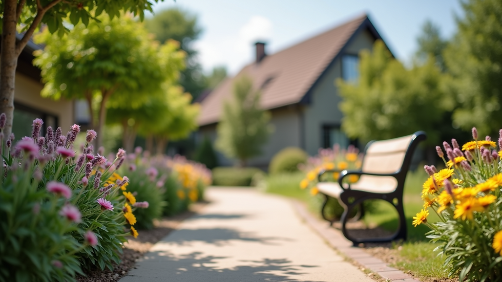 Close-up view of a garden path with benches and flowers in an assisted living community