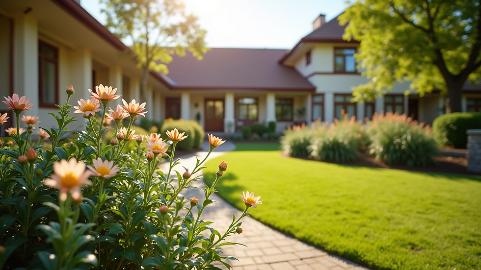 High angle view of a bright and inviting assisted living community garden